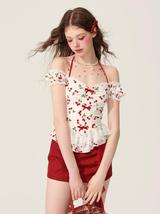 White Halter Neck T-Shirt With Cherry Design