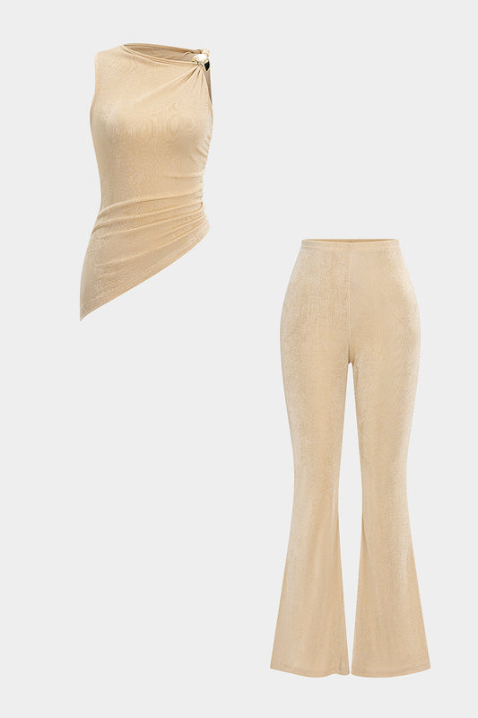 Asymmetrical Metallic Decor Ruched Tank Top And Flared Leg Trousers Set