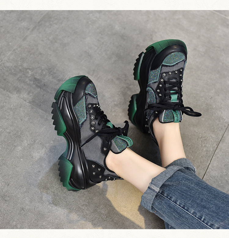 Niche Design Colorblock Leather Thick Bottom Shoes