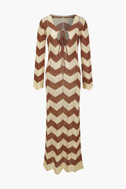 Color Block Print Knit Cut Out Tie-Up Dress