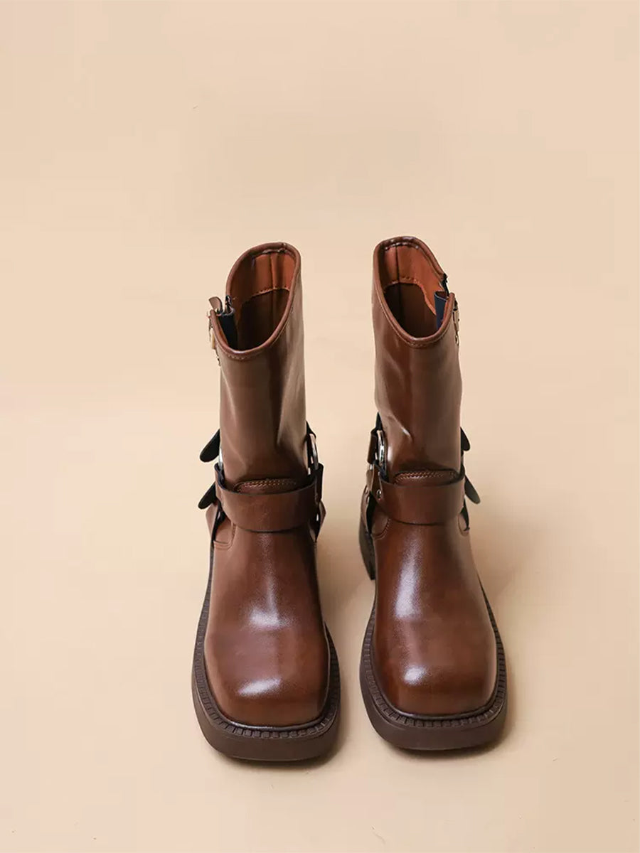 Western Buckle Straps Chunky Heeled Side Zip Boots