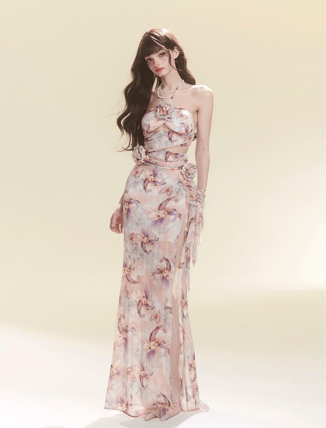 Tropical Bloom Halterneck Slit Maxi Dress