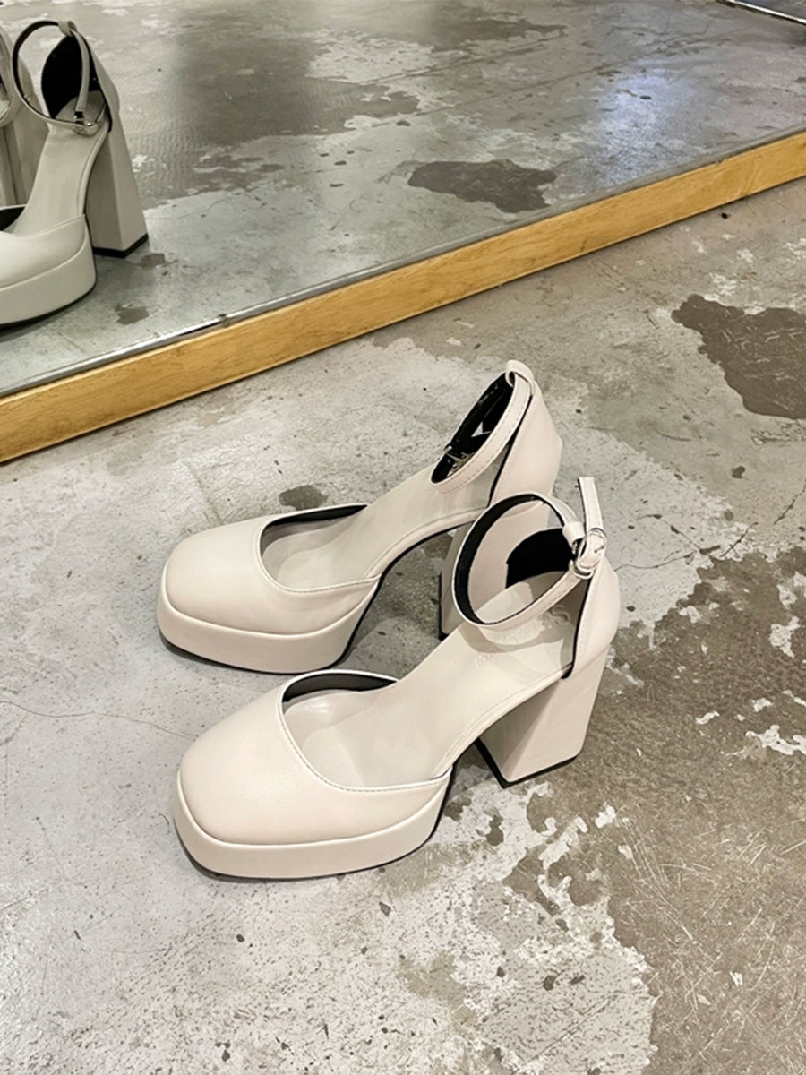 Solid Color Platform Block High Heels Ankle Strap Slingback Pumps