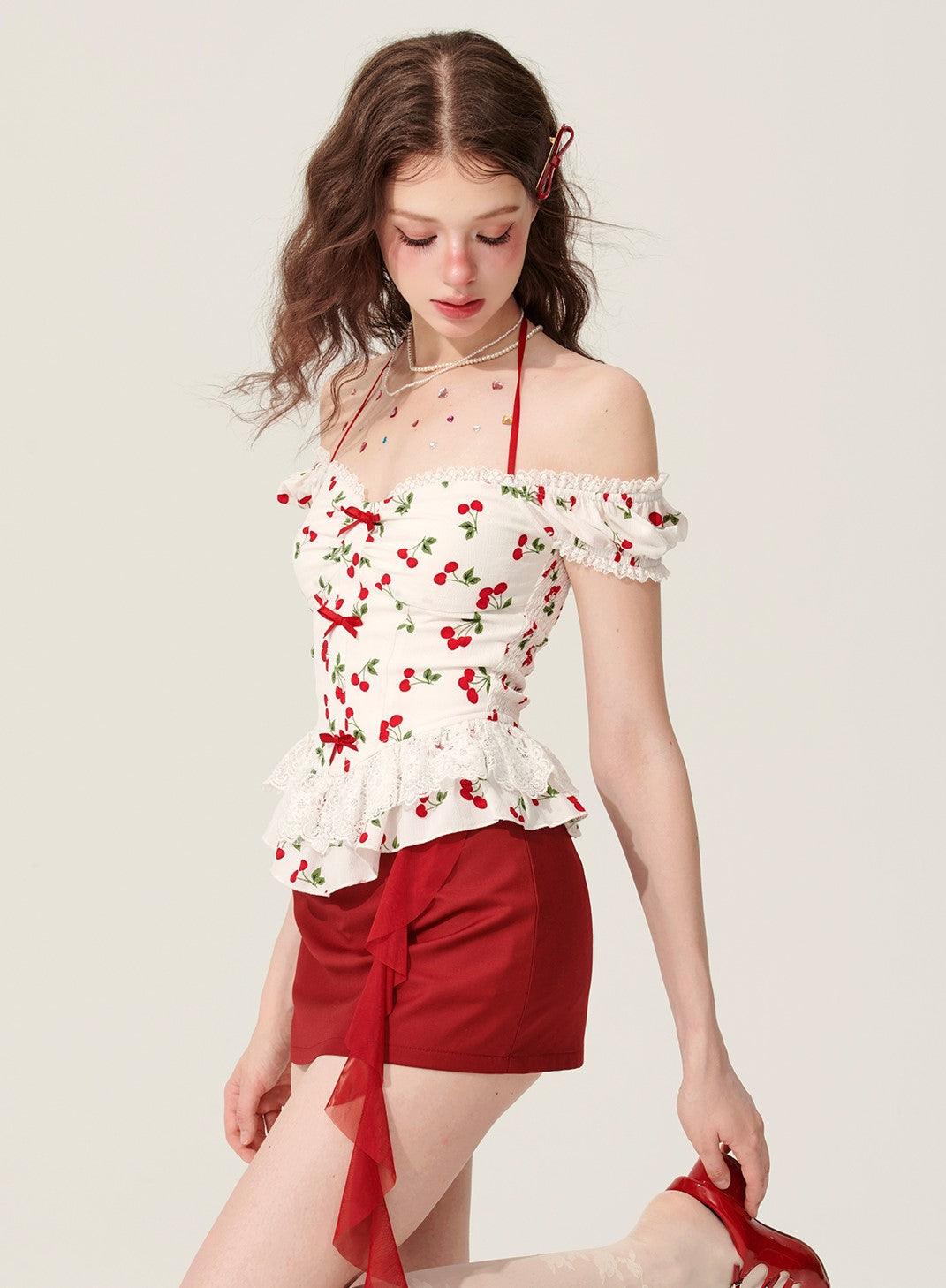 White Halter Neck T-Shirt With Cherry Design