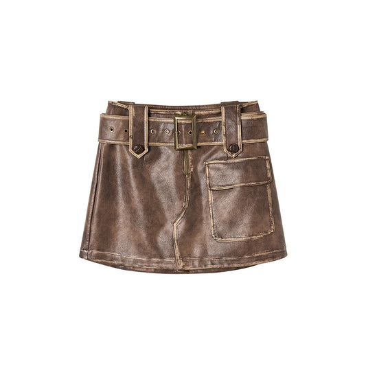 Brown Distressed Leather Skirt - Premium Quality