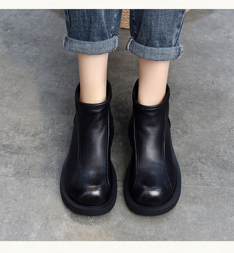 Classic Leather Back Zipper Short Boots