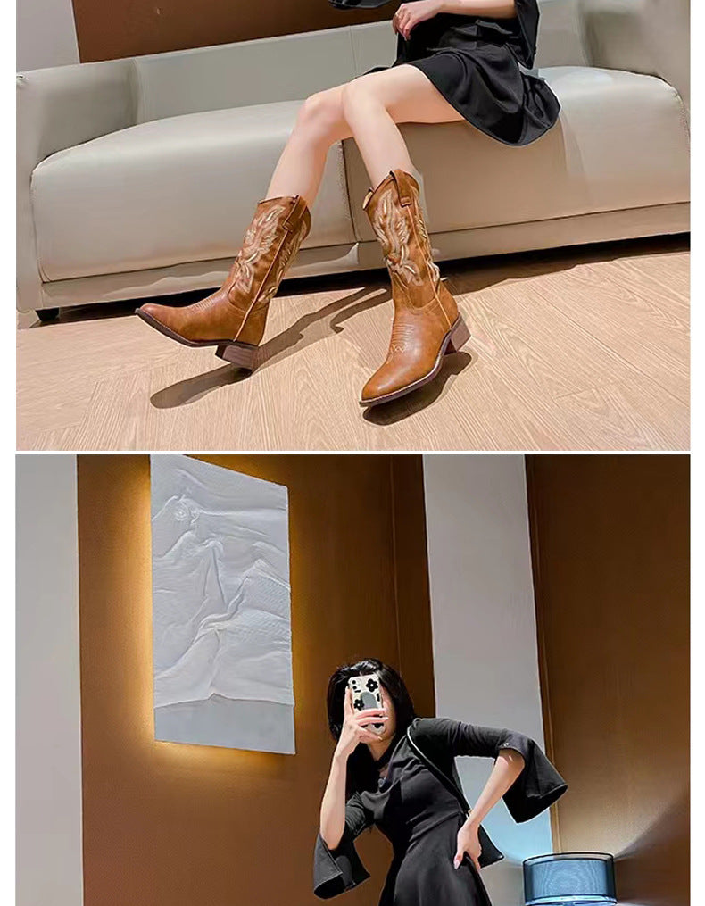 Vintage Embroidered Leather Knight Boots