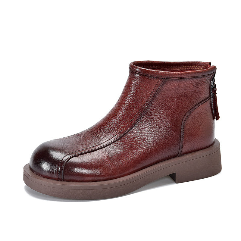 Classic Leather Back Zipper Short Boots