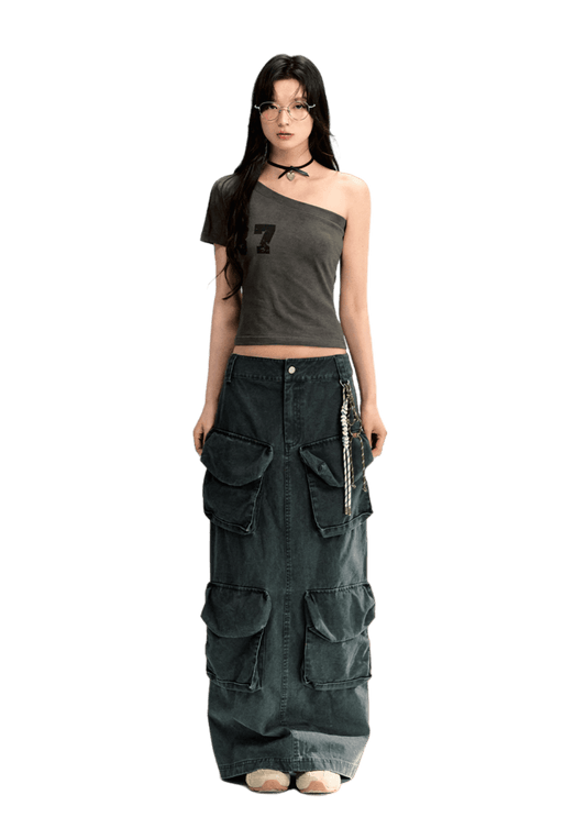 Solid One Shoulder Top & Multi-Pockets Cargo Skirt Set