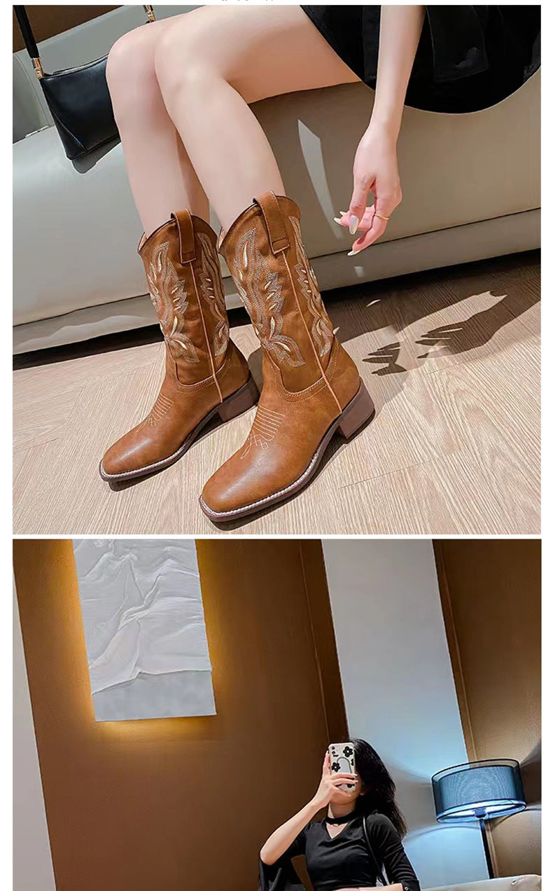 Vintage Embroidered Leather Knight Boots