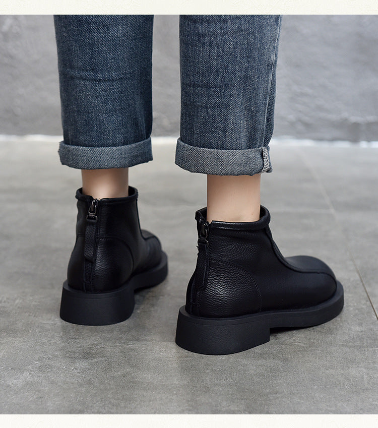 Classic Leather Back Zipper Short Boots