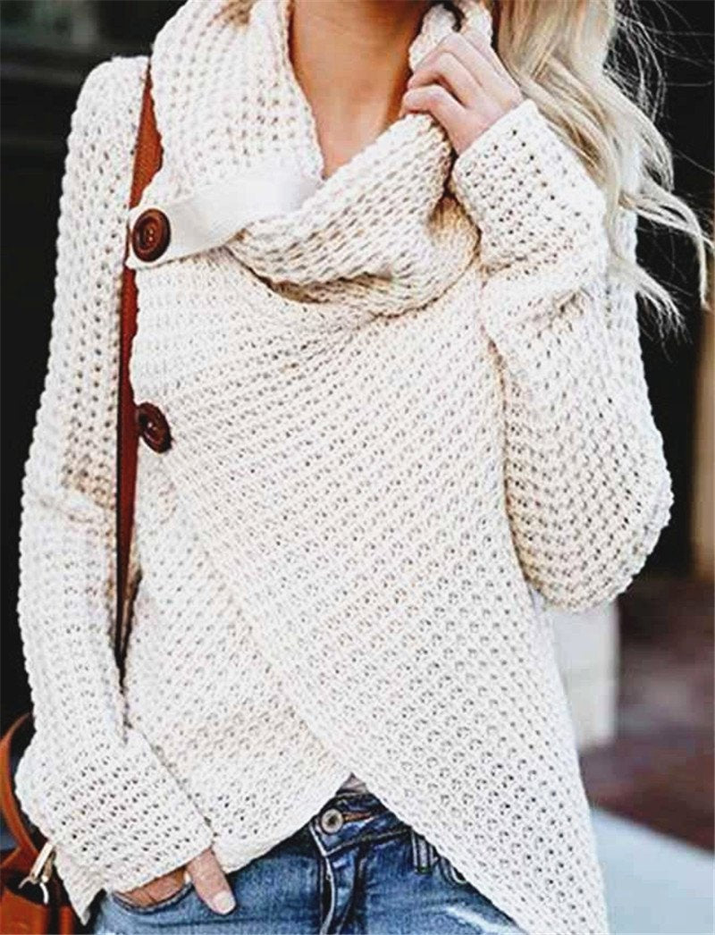 Beige Button Turtleneck Wrap Cardigan