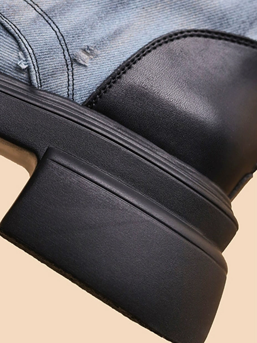 Western Vintage Ribbed Patchwork Sock Style Denim Slip Resistant Sole Chunky Heel Ankle Boots