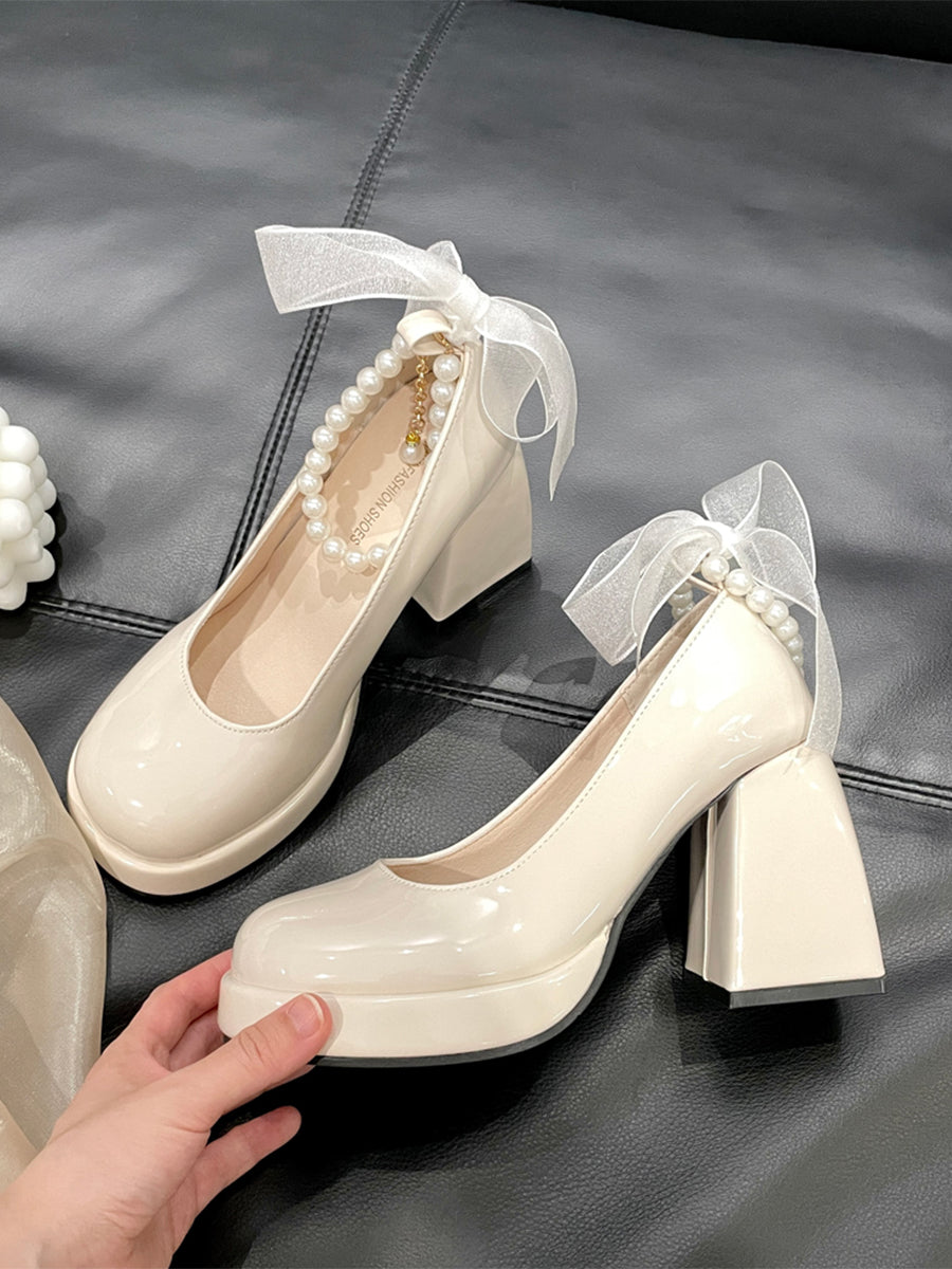 Round Toe Mary Jane Heels Shoes with Double Layered Pearls Chain