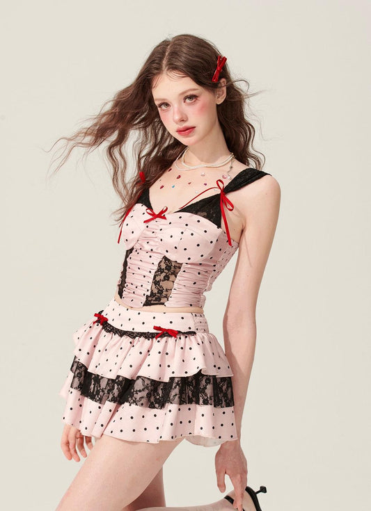 Pink Polka Dot Two-Piece Set (Camisole And Skirt)