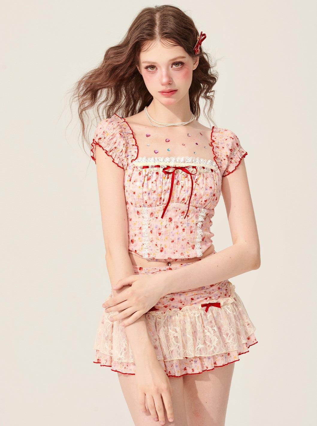 Pink Puff Sleeve Lace Top And Skirt Set