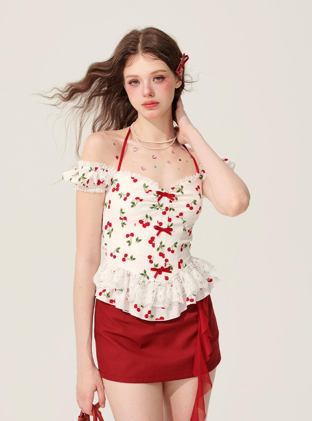 White Halter Neck T-Shirt With Cherry Design