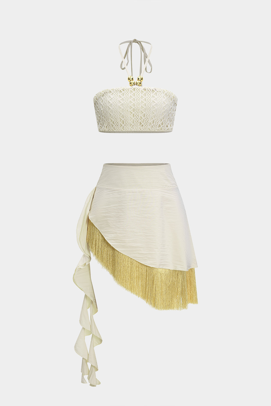 Beaded Halter Neck Tank Top And Fringe Trim Skirt Set