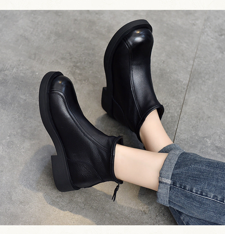 Classic Leather Back Zipper Short Boots