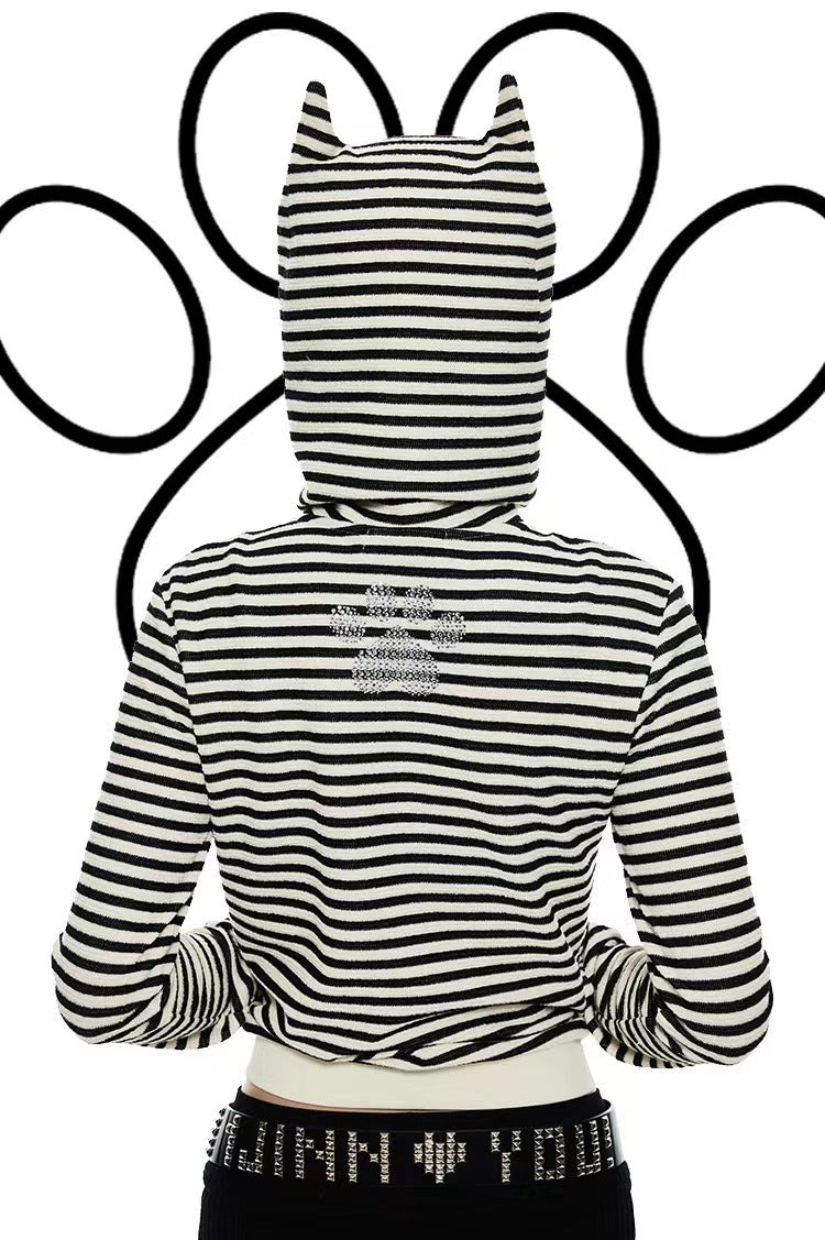 Striped Cat Ear Hoodie - Black And White Zip-Up Jacket