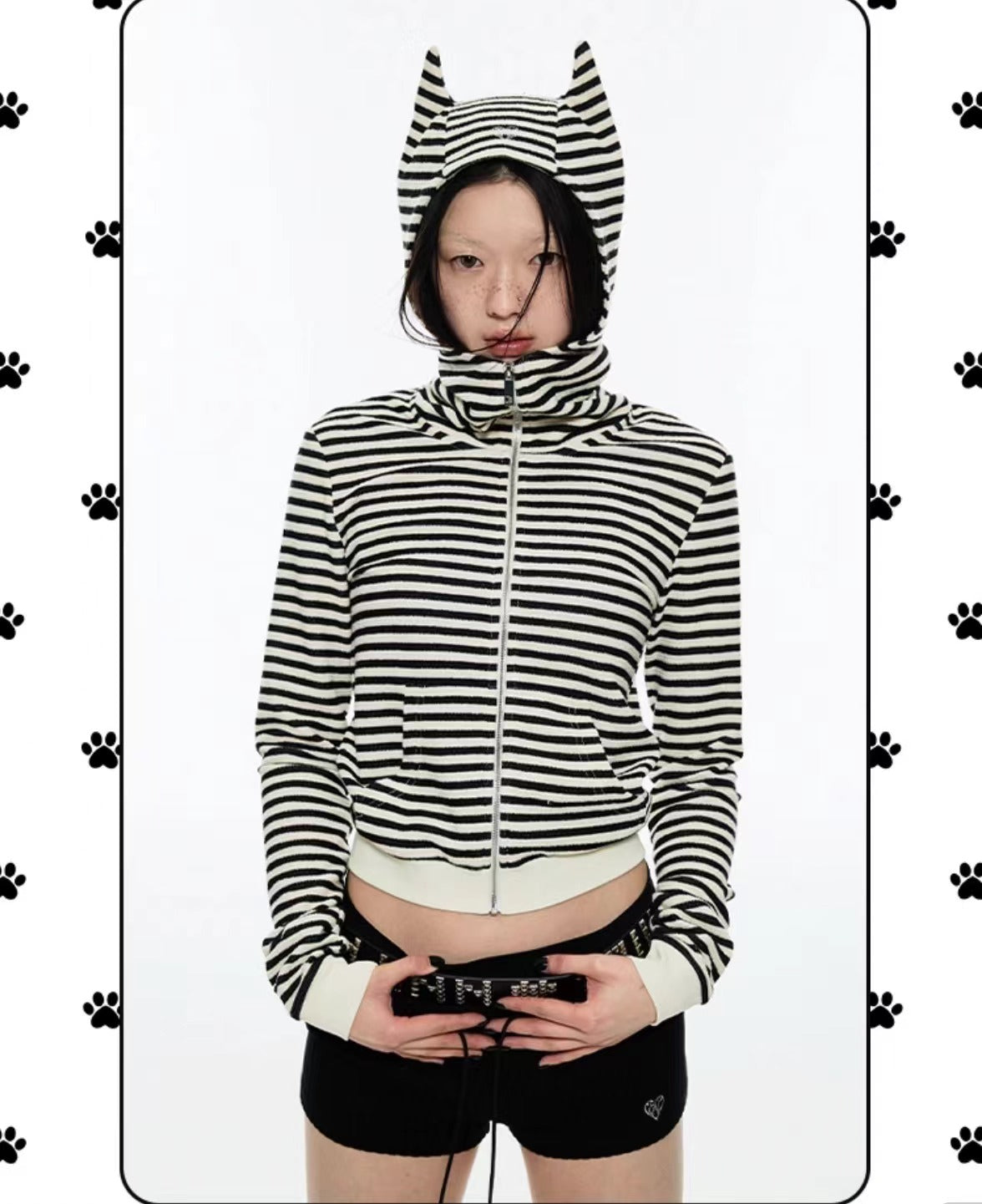 Striped Cat Ear Hoodie - Black And White Zip-Up Jacket