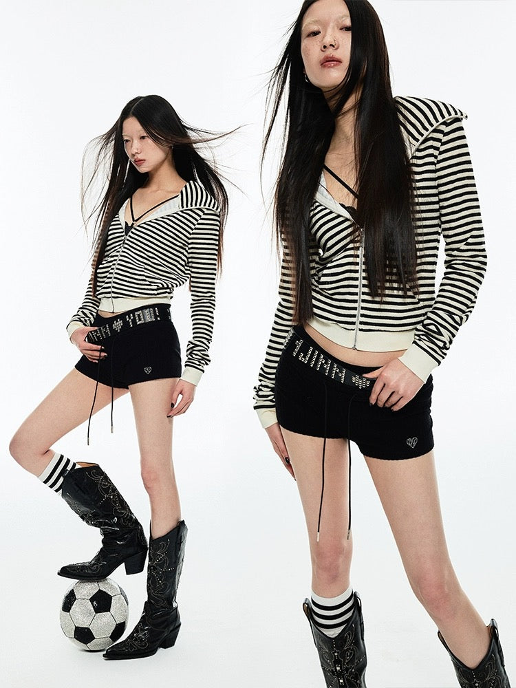 Striped Cat Ear Hoodie - Black And White Zip-Up Jacket