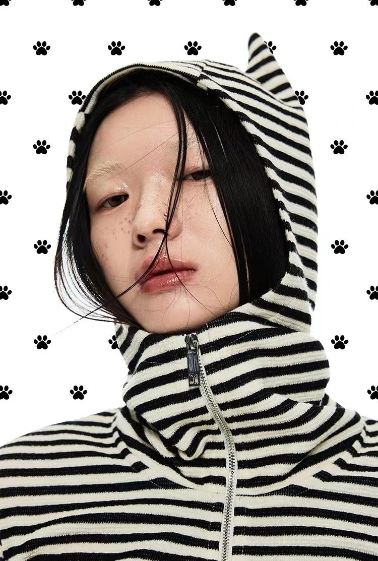 Striped Cat Ear Hoodie - Black And White Zip-Up Jacket