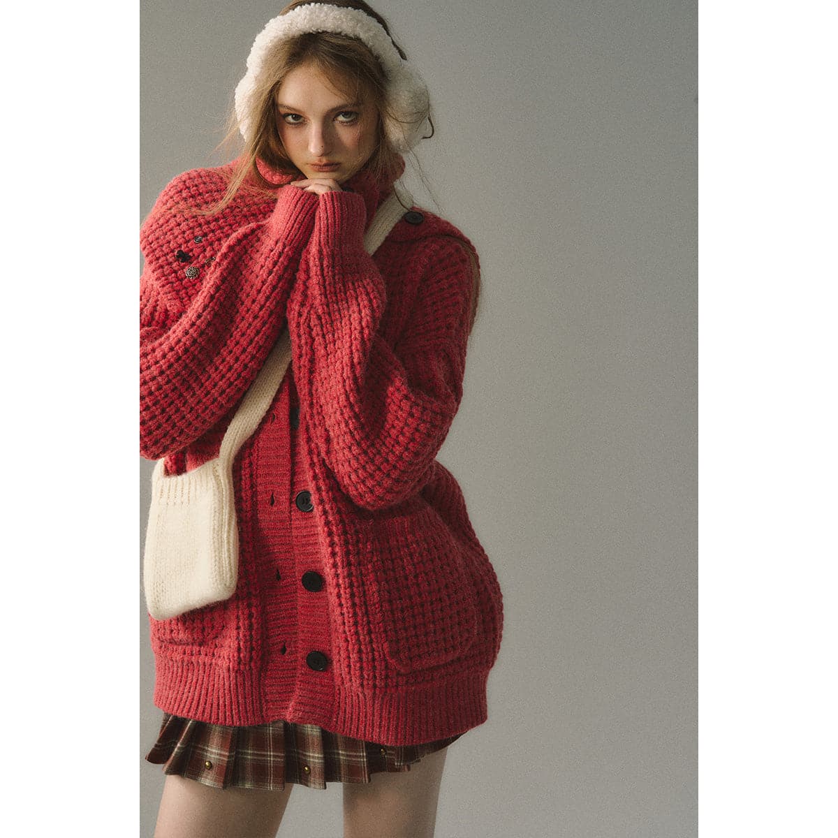 Red Waffle-Knit Cardigan