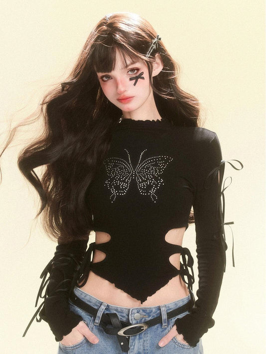Black Long-Sleeved T-Shirt With Butterfly Design