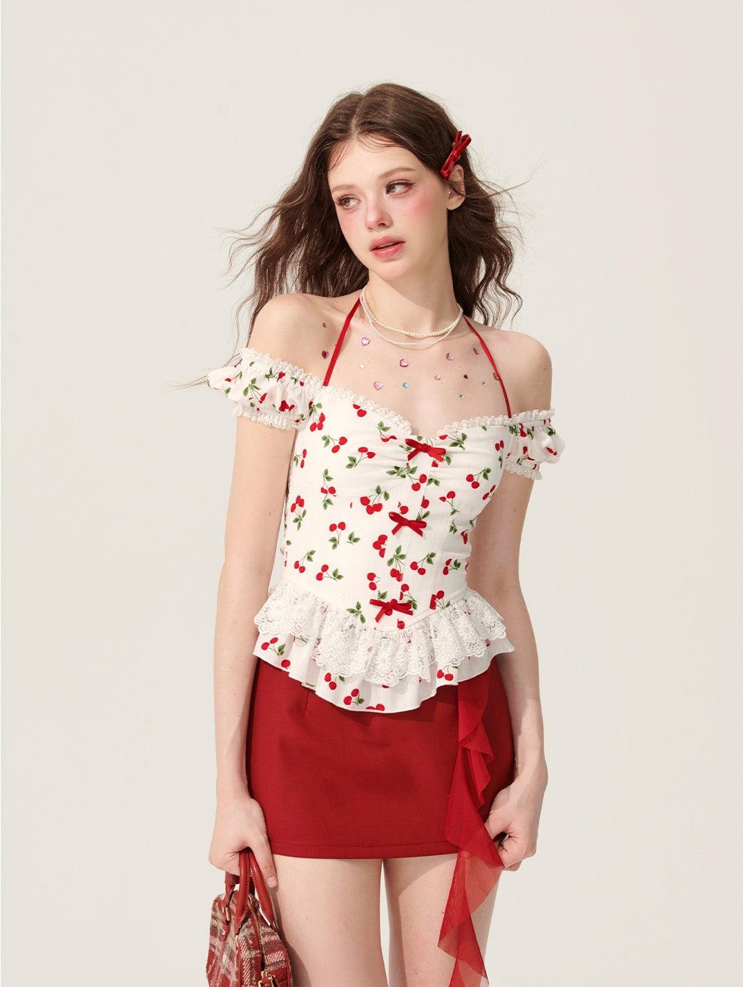 White Halter Neck T-Shirt With Cherry Design
