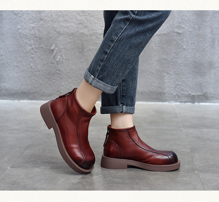 Classic Leather Back Zipper Short Boots