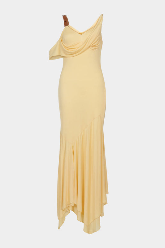 Asymmetrical Ruched Draped Cowl Neck Slip Maxi Dress
