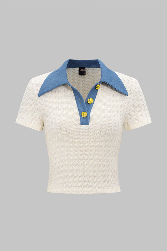 Button Patchwork Short-Sleeve T-Shirt