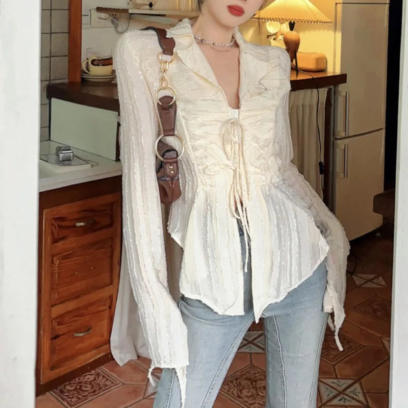 Lace Up Blouse Turn-down Collar Women Blouse