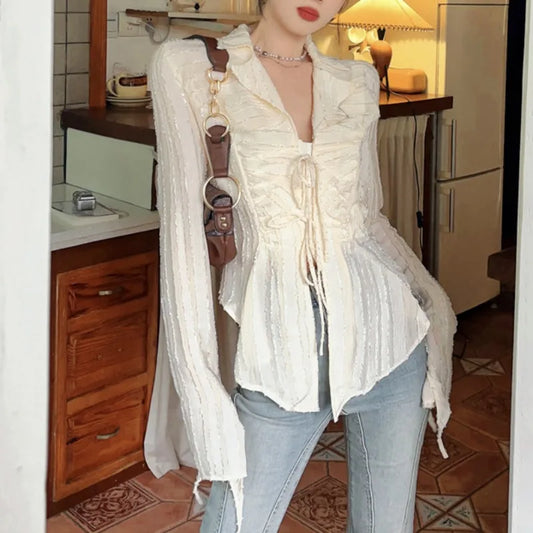 Lace Up Blouse Turn-down Collar Women Blouse