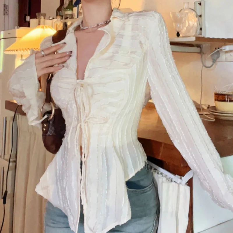 Lace Up Blouse Turn-down Collar Women Blouse