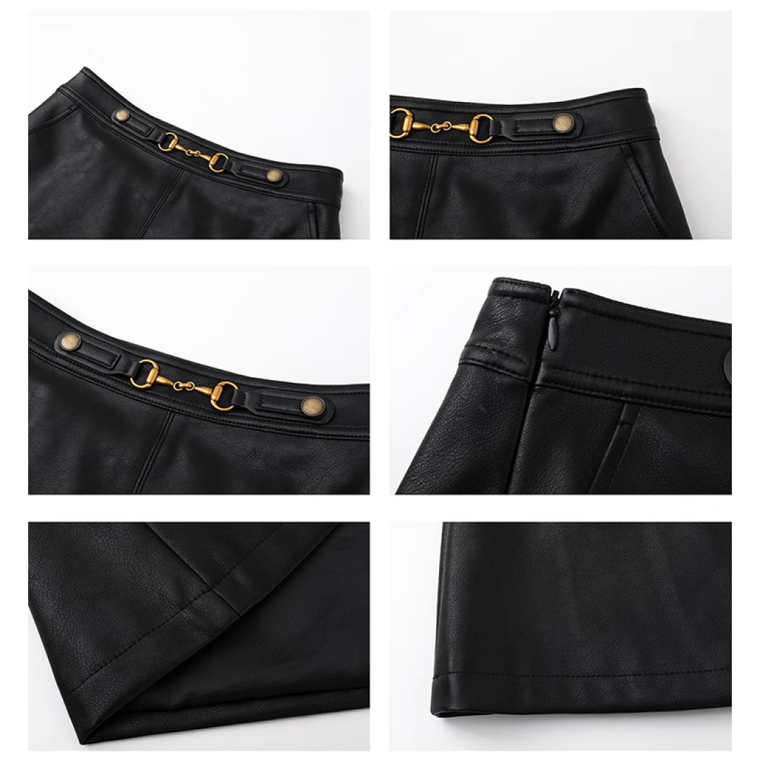 Short Length Buckle Leather Skirt