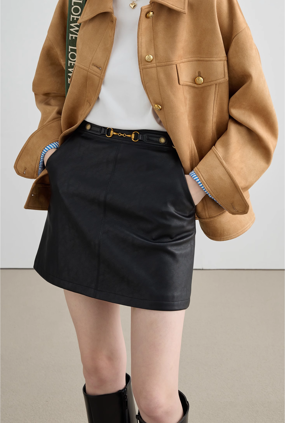 Short Length Buckle Leather Skirt