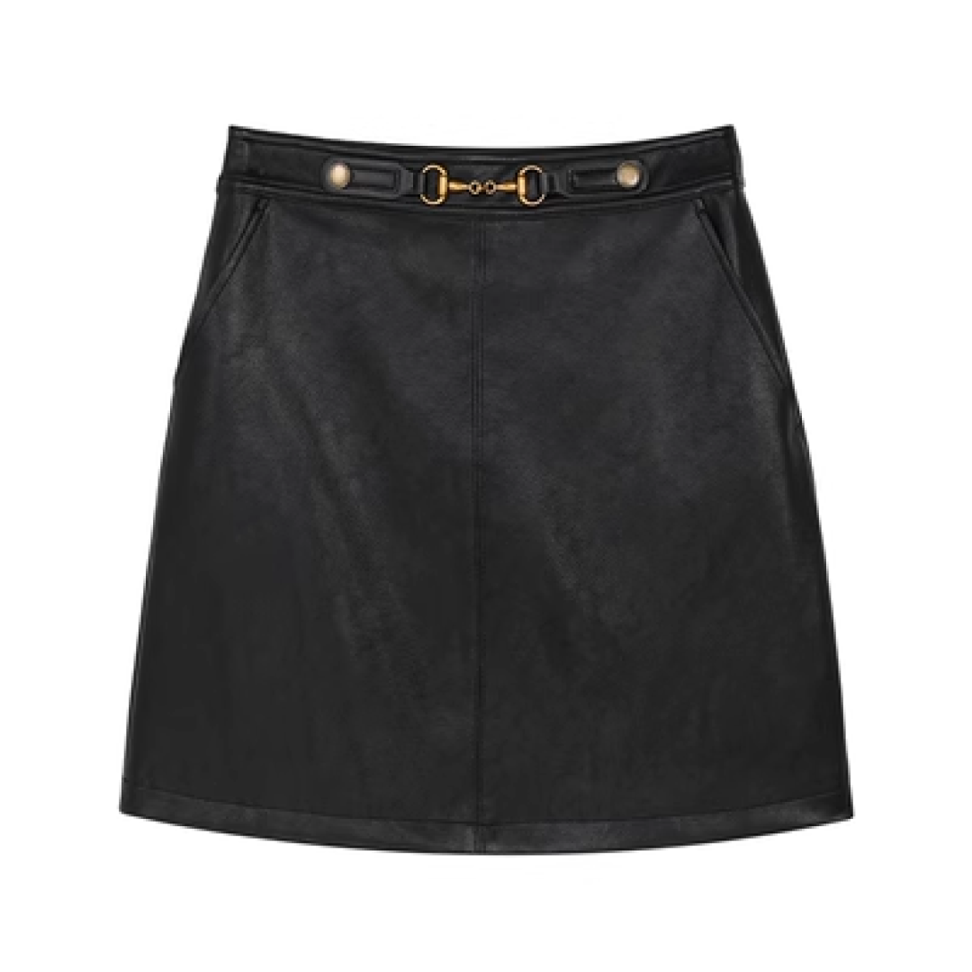 Short Length Buckle Leather Skirt