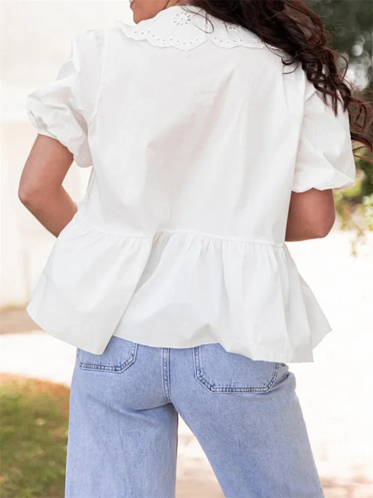 Lace Short Sleeve Front Tie-Up Blouse