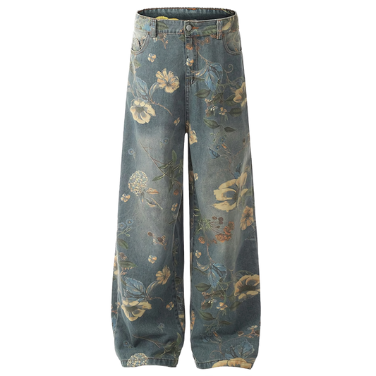 Floral Print Wide-Leg Jeans