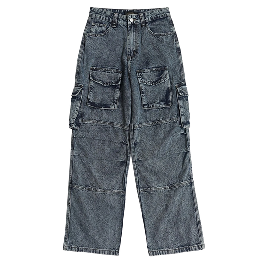Vintage Wash Wide-Leg Cargo Denim Jeans