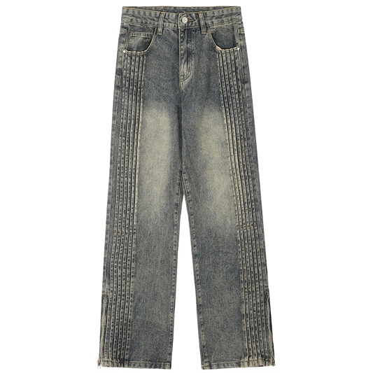 Pleated Panel Wide-Leg Jeans