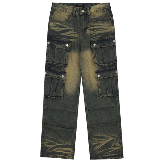 Distressed Cargo Denim Wide-leg Jeans