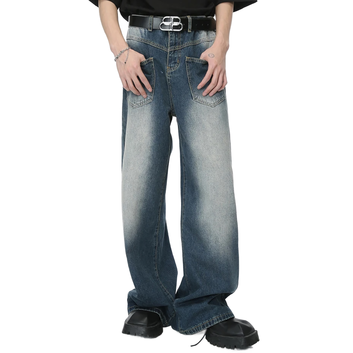 Reverse Pocket Vintage Faded Straight-Leg Jeans