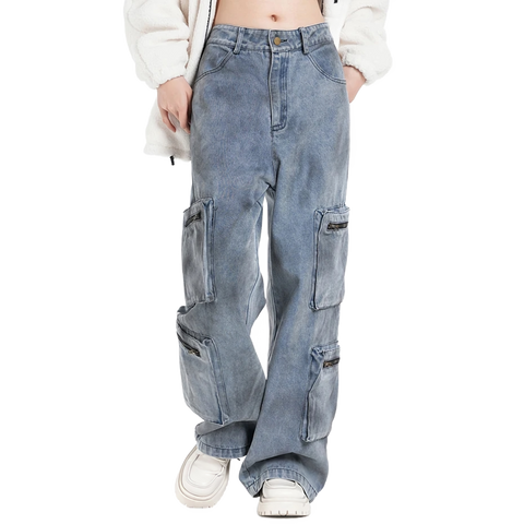 Blue Cargo Pocket Wide-Leg Jeans