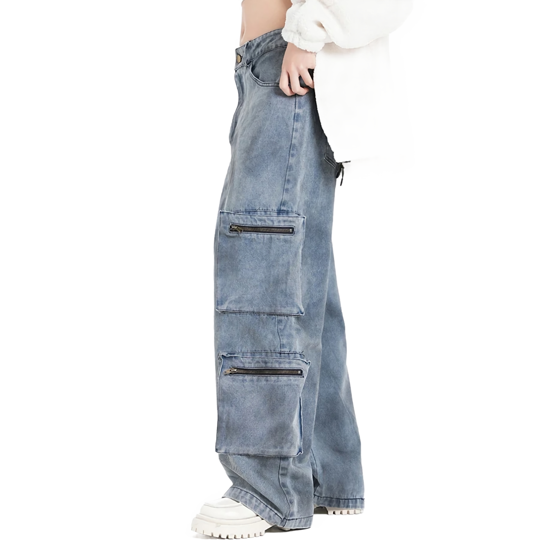 Blue Cargo Pocket Wide-Leg Jeans