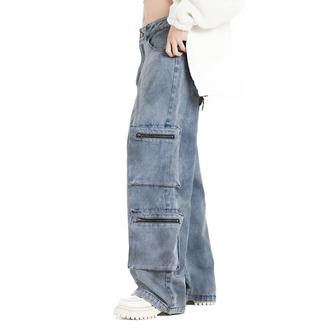 Blue Cargo Pocket Wide-Leg Jeans