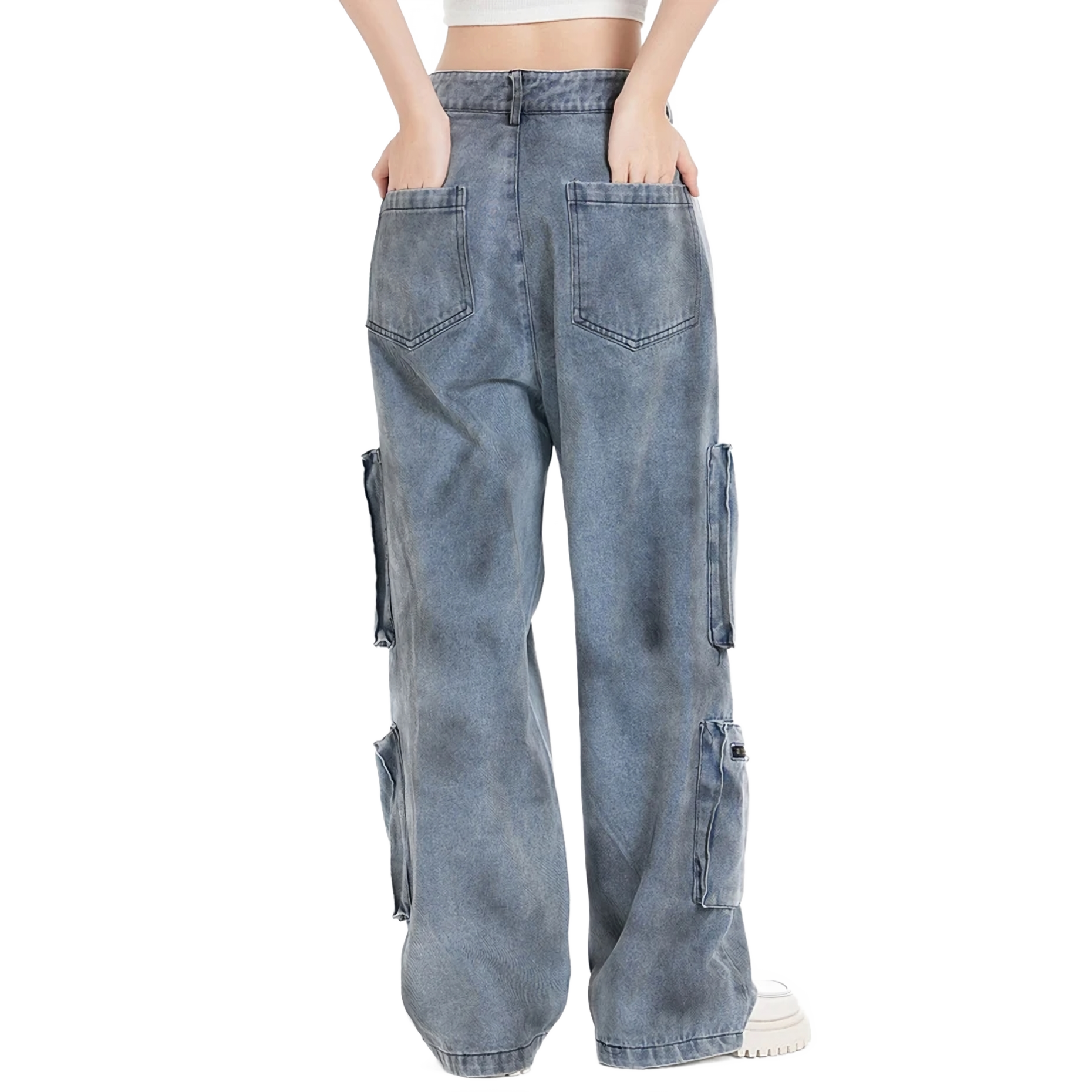 Blue Cargo Pocket Wide-Leg Jeans