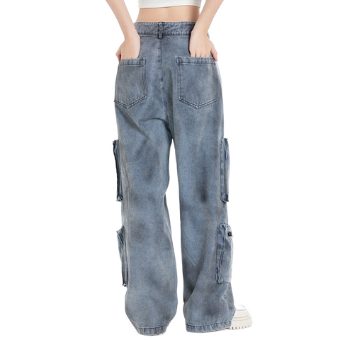 Blue Cargo Pocket Wide-Leg Jeans